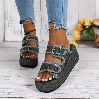 Denim Buckle Wedge Sandals