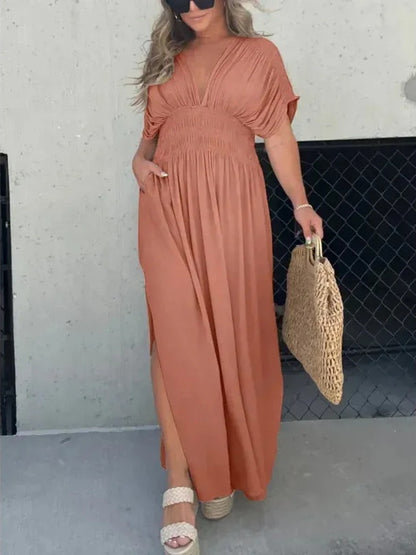 V-Neck Bat-Sleeve Maxi Dress