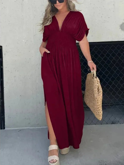 V-Neck Bat-Sleeve Maxi Dress