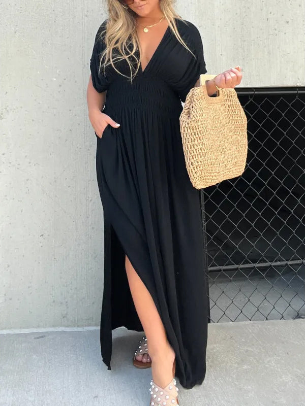 V-Neck Bat-Sleeve Maxi Dress