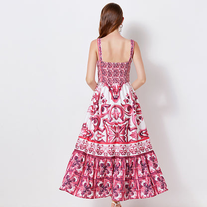 Calf-Length Bustier Dress in Majolica-Print