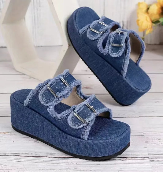 Denim Buckle Wedge Sandals