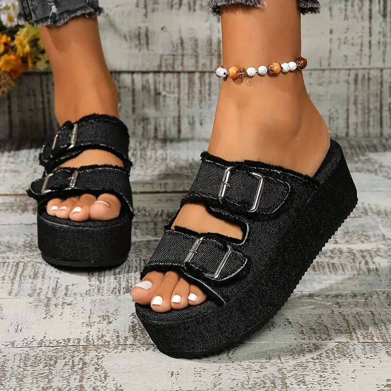 Denim Buckle Wedge Sandals