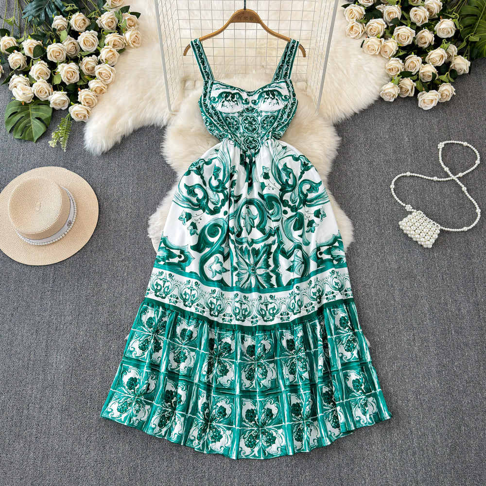 Calf-Length Bustier Dress in Majolica-Print